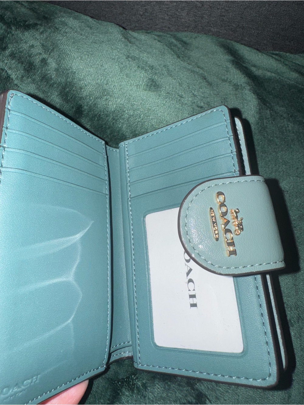 Coach Compact Leather Card Wallet in Light Teal with Gold Hardware